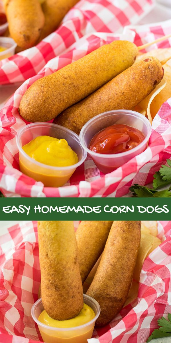 homemade corn dogs with ketchup, mustard and mayonnaise on the side