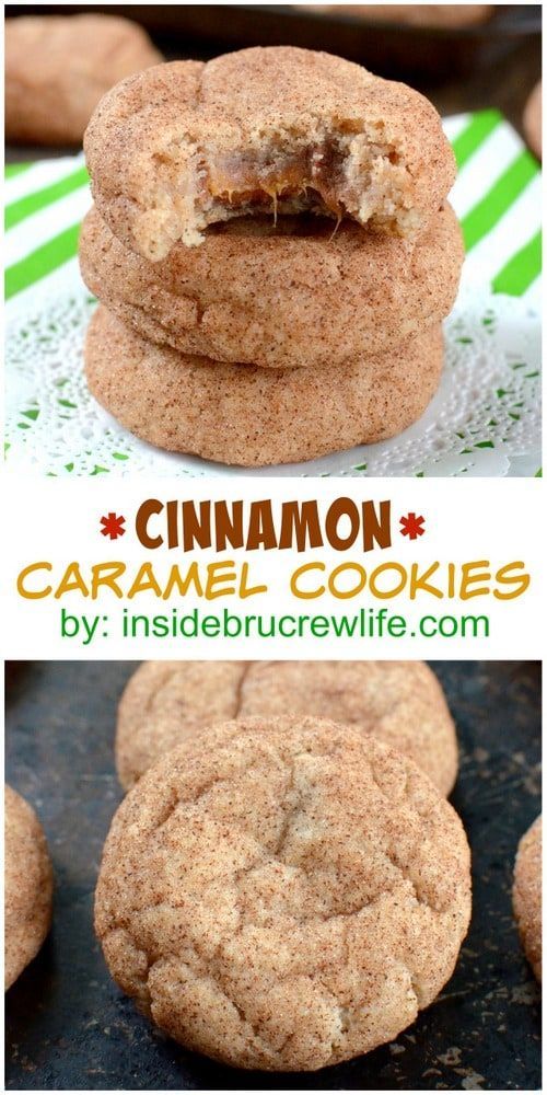 cinnamon caramel cookies stacked on top of each other with the cookie in the middle