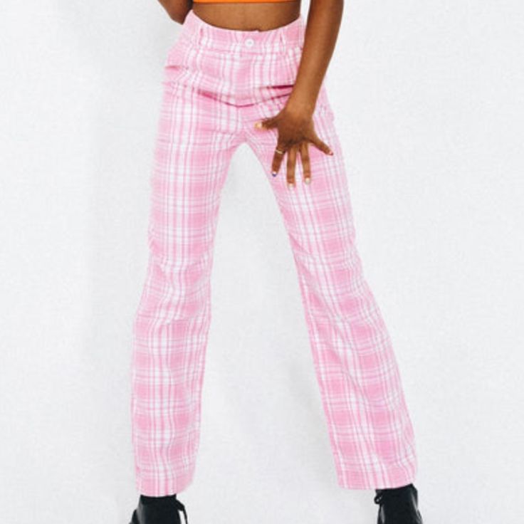 Super Cute Plaid Pants, Thick Material, Never Worn, Too Big For Me Casual Fitted Pink Wide Leg Pants, Plaid Pants, Princess Polly, Pink Plaid, Pink White, Pant Jumpsuit, Super Cute, Pants For Women, Plaid