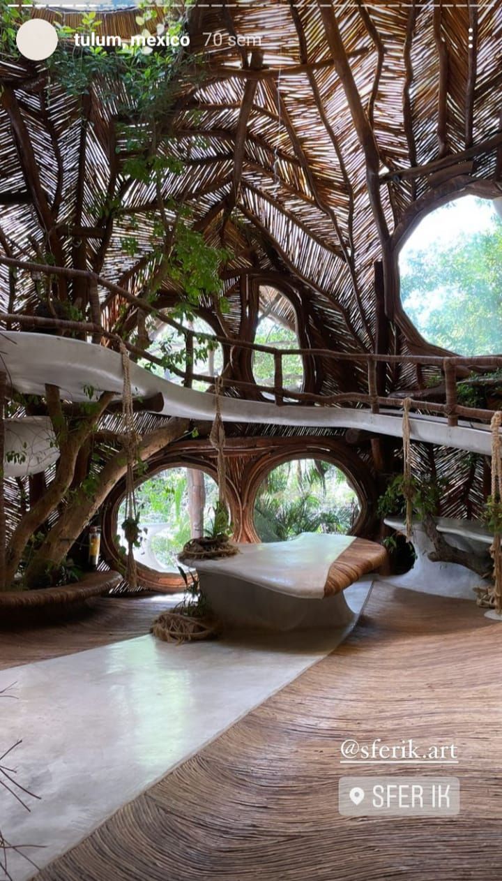 the inside of a tree house with hammock chairs and trees growing in it