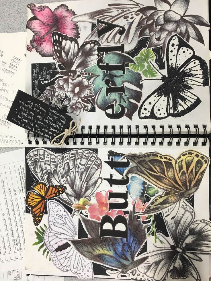 an open notebook with butterflies and flowers on it