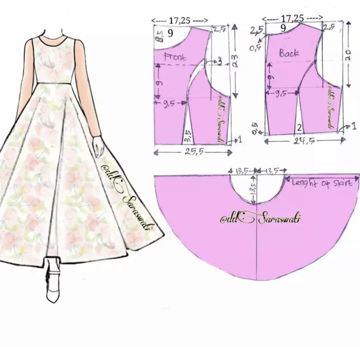 the front and back view of a dress with measurements for it, as well as an image