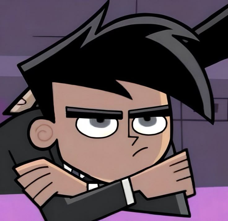 an animated character with black hair and glasses on his head, leaning against a wall