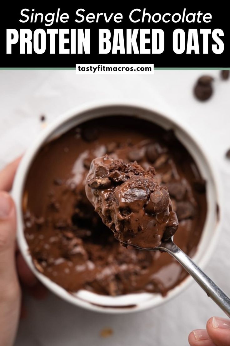 a hand holding a spoon full of chocolate protein baked oats with text overlay that reads, single serve chocolate protein baked oats