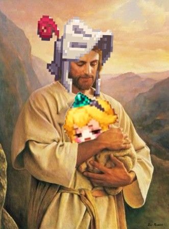 a man holding a stuffed animal in his arms with a pixel head on top of him