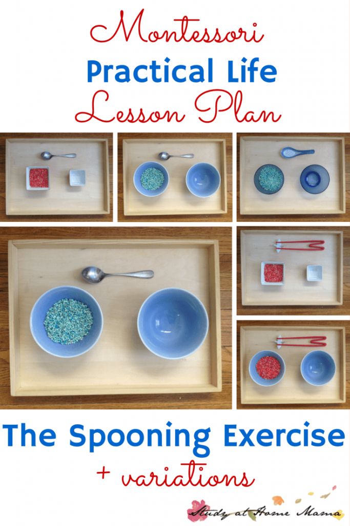 the montessoi practical life lesson plan is shown with bowls, spoons and utensils