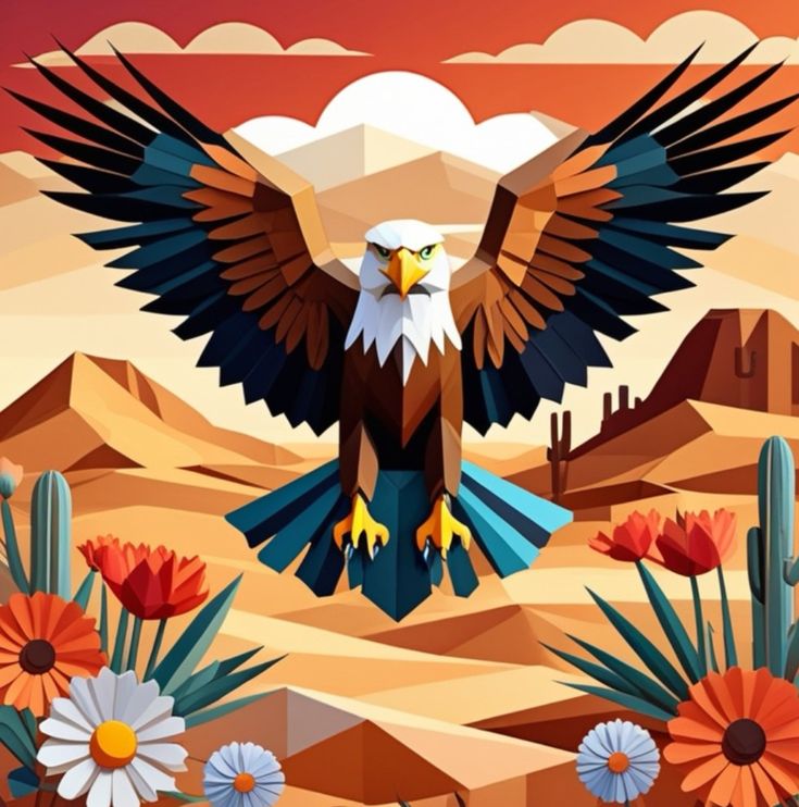 an eagle is flying in the desert with flowers