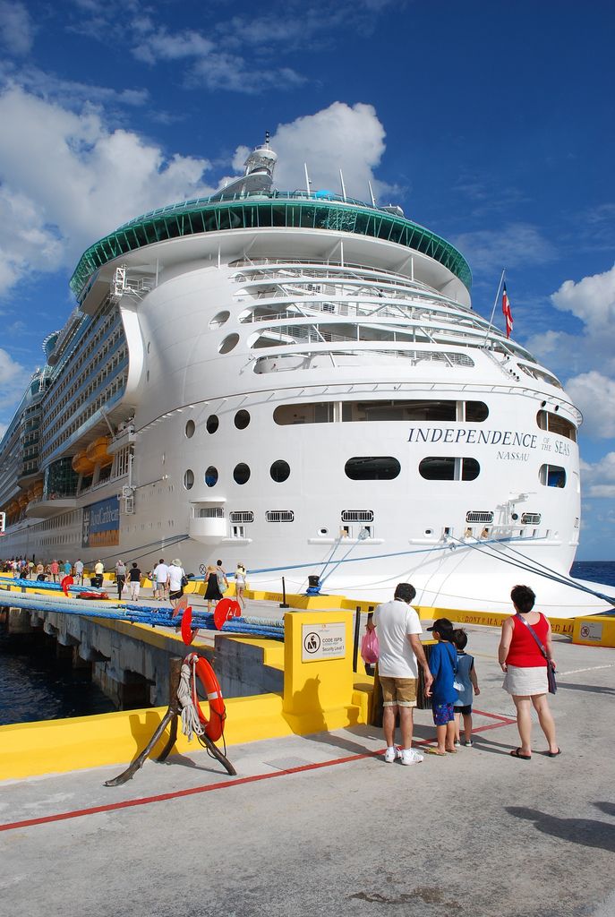 people are standing on the dock next to a large cruise ship