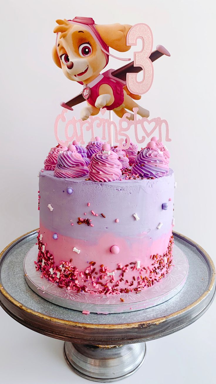 a pink and purple cake with a cartoon dog on top that says 3 o'clock