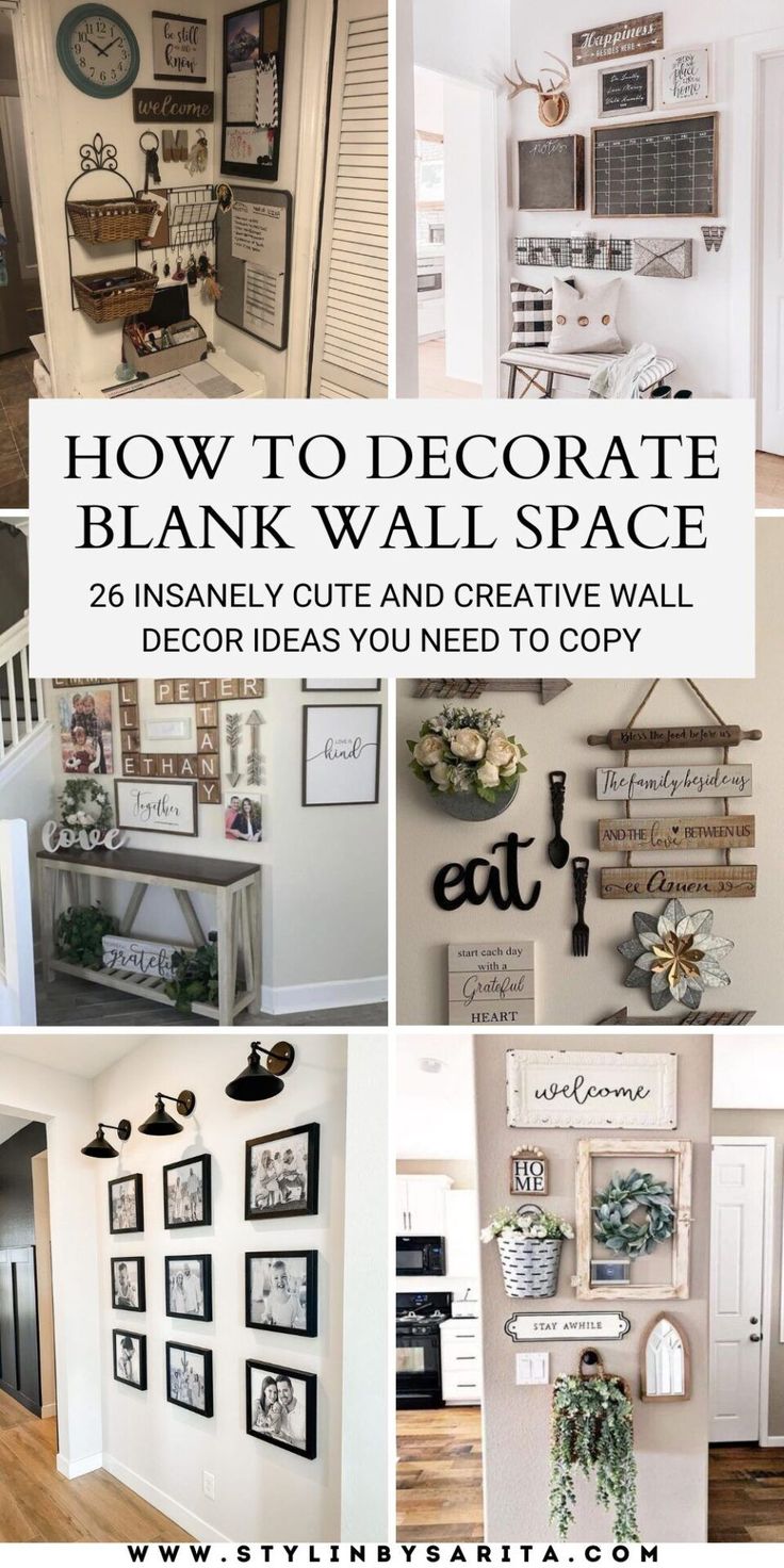 several different pictures with the words how to decorate bank wall space in white and black