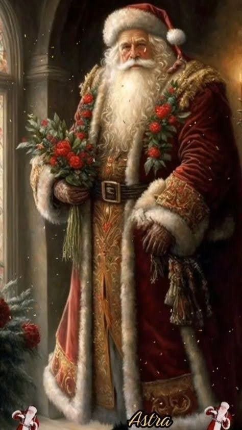 a painting of santa claus holding a bouquet of flowers