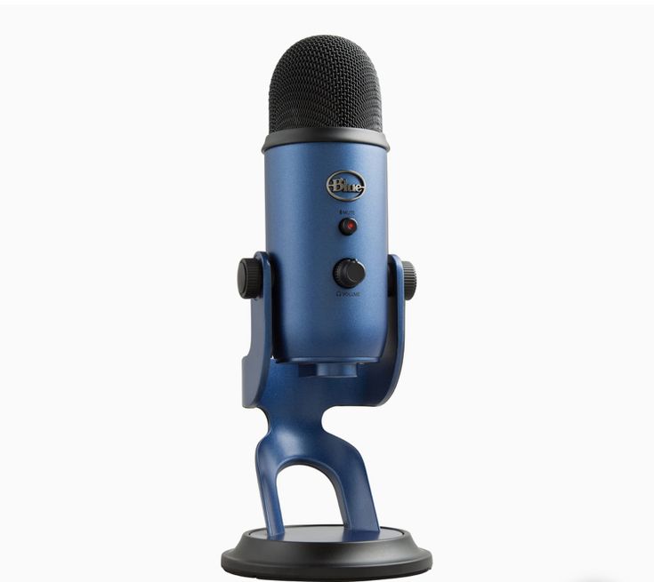 a blue microphone on a black stand