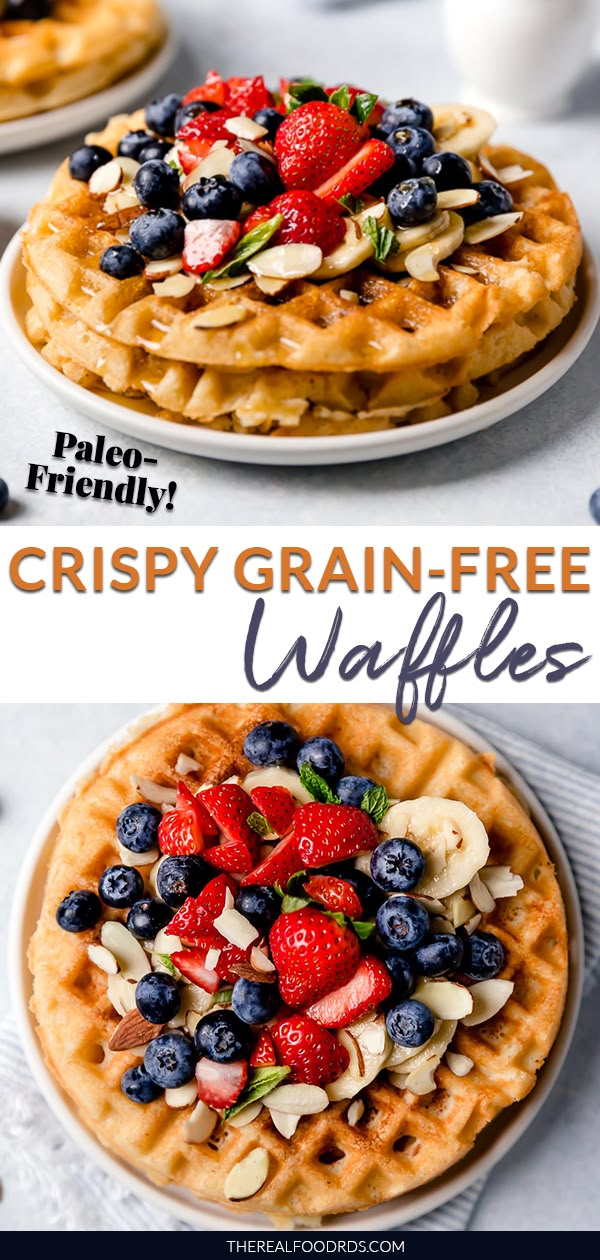 two waffles topped with fruit and nuts on top of each other in front of the words crispy grain - free waffles