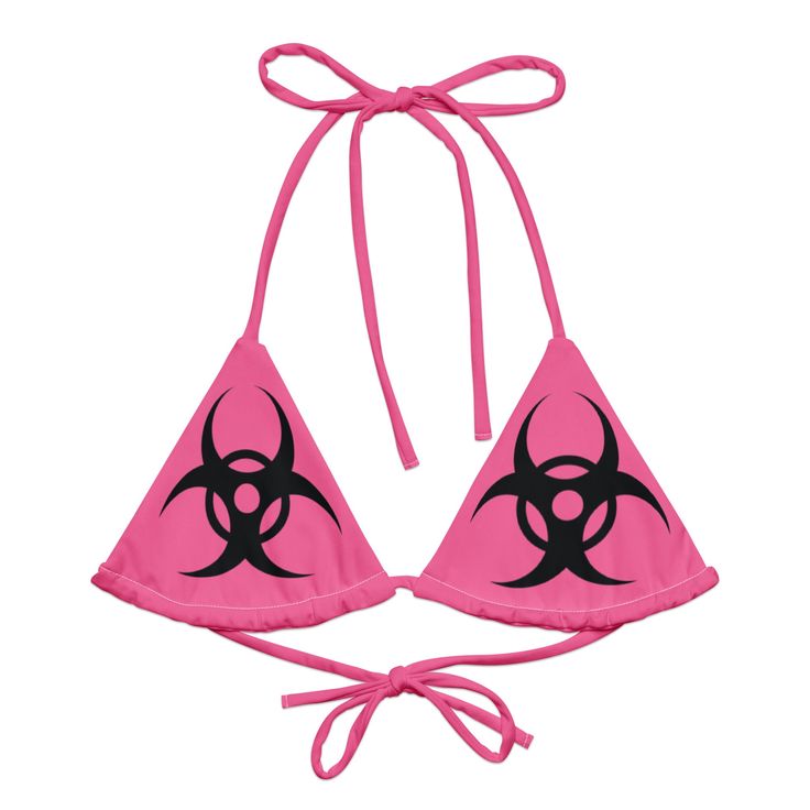 Check out our Biohazard Collection here: https://www.etsy.com/shop/GDSLabel?ref=seller-platform-mcnav&search_query=biohazard Dive into the daring with our Biohazard String Bikini Top, designed for those who love to stand out. This unique top combines a rose pink and black color scheme with a bold biohazard symbol, capturing a blend of Y2K nostalgia and apocalyptic edge.  Perfect for raves, poolside lounging, or beach getaways, this bikini top is sure to turn heads. Whether you're channeling your Cute Pink Rave Outfits, Emo Beach Outfit, 2000s Swimsuit, 2000s Rave Fashion, Y2k Zombie, Gothic Swimwear, Rave Outfits Pink, Biohazard Symbol, Y2k Nostalgia