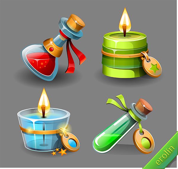 four different types of candles on a gray background, each with a ribbon around it