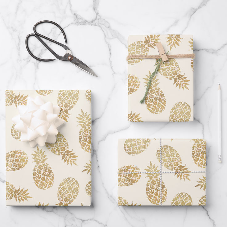 Gold Pineapples on Ivory Wrapping Paper Sheets Ivory Background, Gold Pineapple, Wrapping Gifts, Custom Wrapping Paper, Wrapping Paper, Colorful Backgrounds, Pineapple, Decoupage, Gift Wrapping