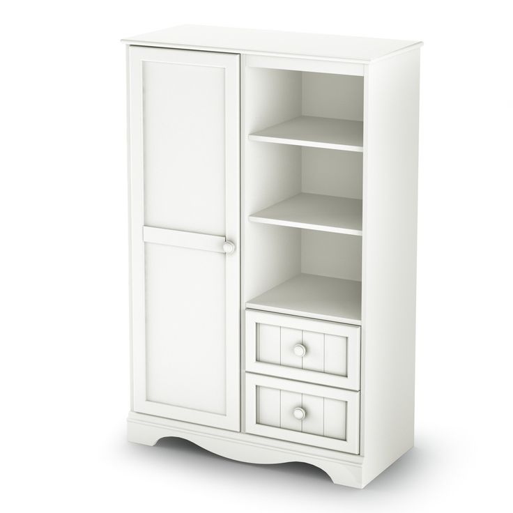 a white armoire with drawers and shelves