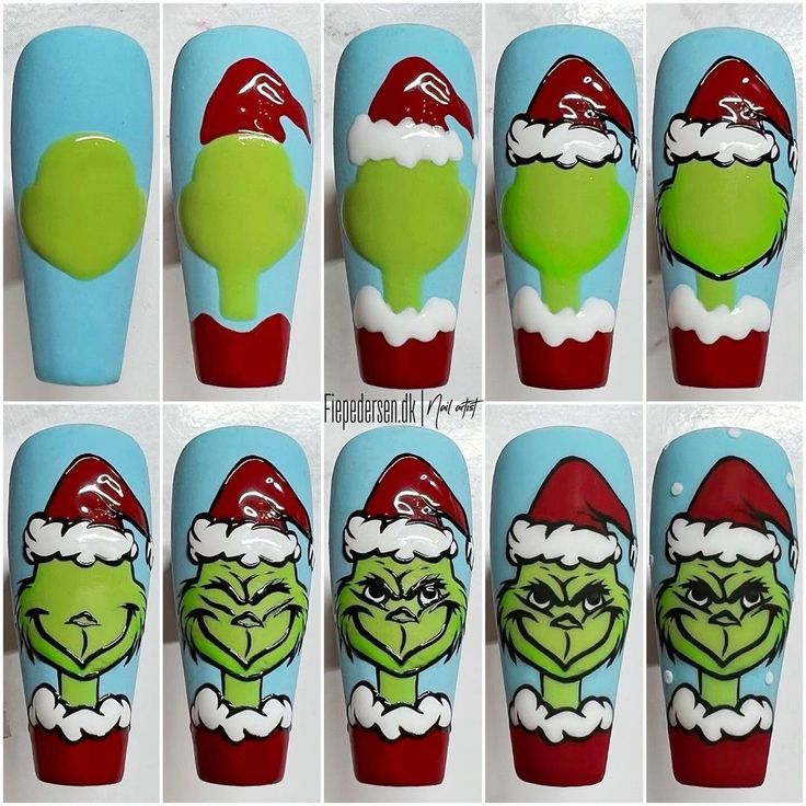 O Grinch, Xmas Nail Designs, Nail Art Noel, Christmas Nail Art Easy, Santa Nails, Xmas Nail Art, Nail Drawing, Nail Designs Tutorial, Diy Acrylic Nails