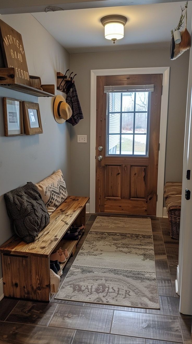 a wooden bench sitting in the middle of a hallway next to a door and window