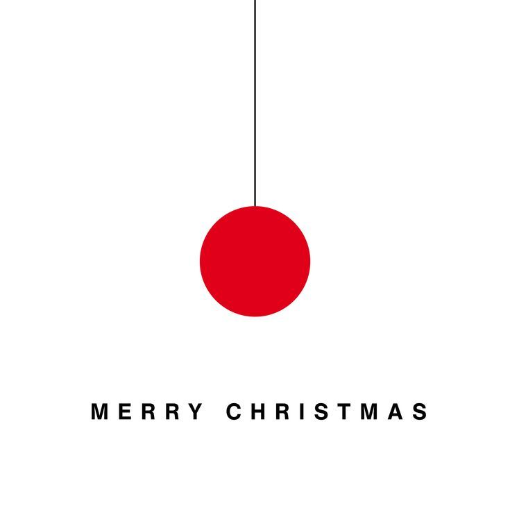 a merry christmas card with a red ball hanging from the ceiling