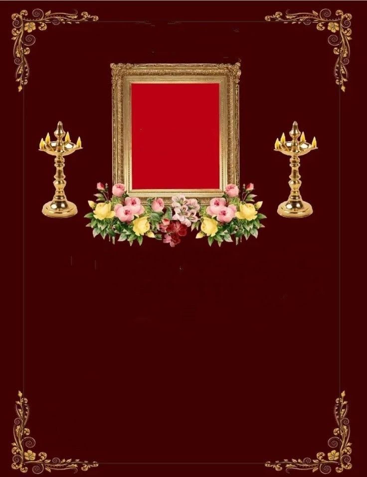 an ornate gold frame with flowers and candles on the side, in front of a red background