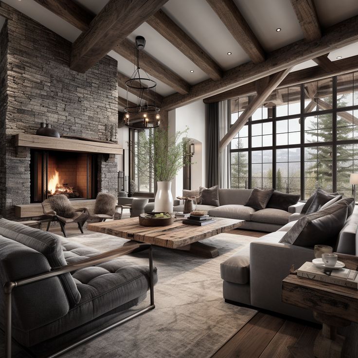 a living room filled with furniture and a fire place in the middle of a room