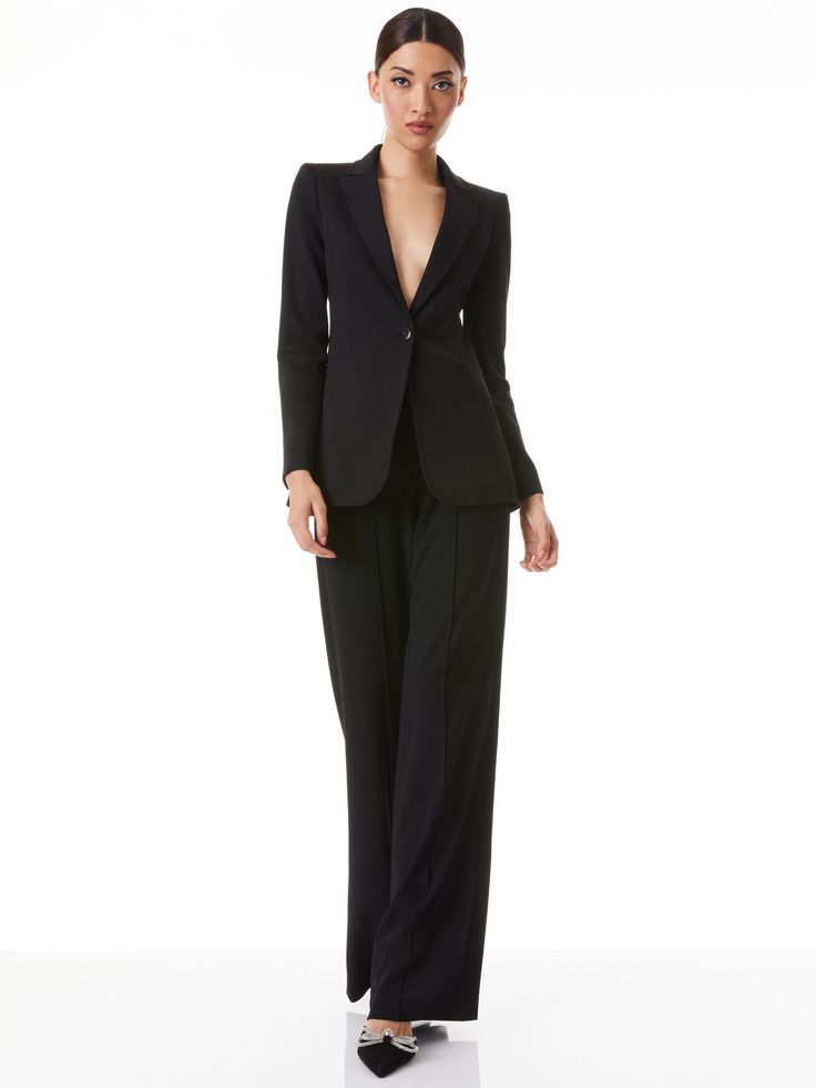 Breann Long Fitted Blazer In Black Chic Formal Blazer With Pressed Crease, Chic Tailored Structured Blazer, Chic Tailored Blazer For Formal Occasions, Sleek Long Sleeve Formal Pantsuit, Chic Single Button Evening Blazer, Elegant Notch Lapel Pantsuit For Night Out, Chic Single Button Blazer For Night Out, Chic Evening Blazer With Single Button, Chic Single Breasted Pantsuit For Business Casual