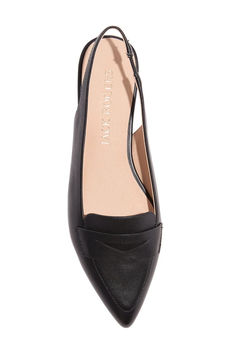 A pointy toe elevates a slingback flat with a sleek, loafer-inspired topline and penny strap. Leather upper and lining/rubber sole Imported Black Slip-on Slingback Pumps For Office, Spring Office Slingback Slip-on Pumps, Flat Leather Slingback Pumps For Work, Leather Slingback Pointed Toe Flats With Heel Strap, Sleek Slingback Pumps For Spring Workwear, Sleek Spring Slingback Pumps For Workwear, Almond Toe Flats With Heel Strap For Office, Sleek Pointed Toe Flats For Workwear, Elegant Leather Sole Slingback Slip-on Sandals