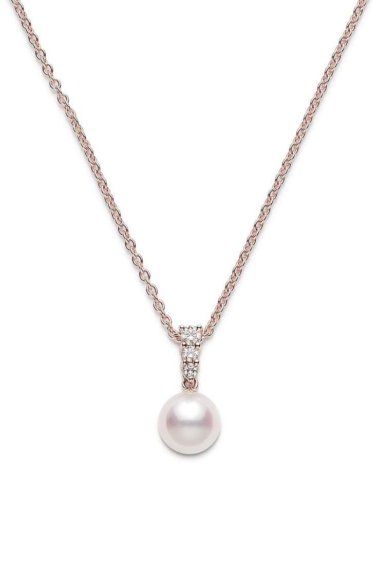 Akoya pearls and diamonds are paired to reference morning's glistening dew drops in this gorgeous and timeless necklace crafted in 18-karat rose gold. Style Name:Mikimoto Morning Dew Diamond & Pearl Necklace. Style Number: 5938238. Available in stores. Timeless Necklace, Pearl And Diamond Necklace, Morning Dew, Dew Drops, Necklace Craft, Akoya Pearls, Gold Style, Pearl Necklace, Gold Necklace