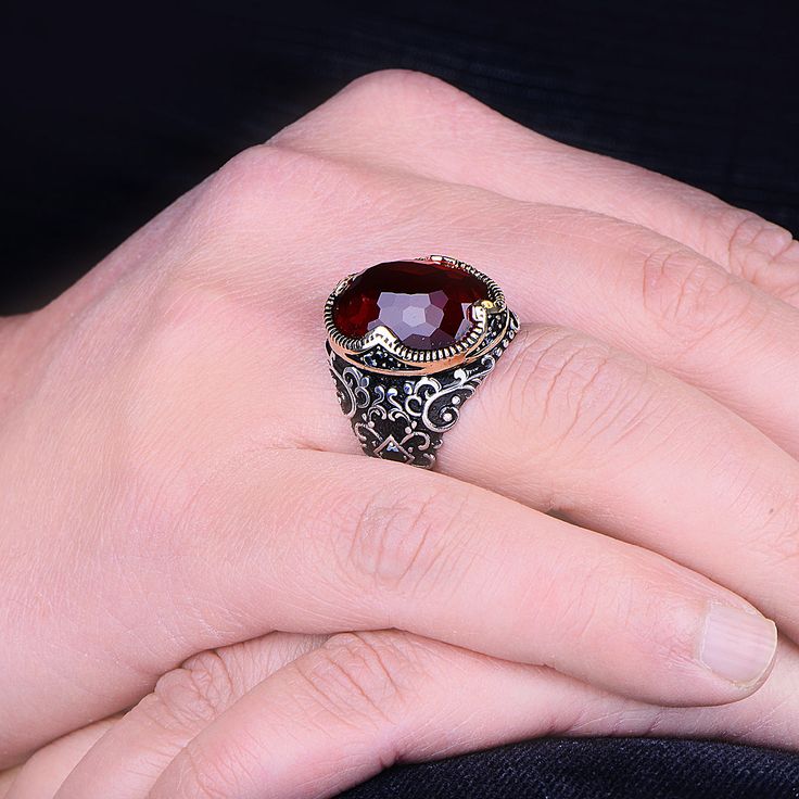 Silver Ruby Stone Ring ,Ottoman Style Embroidered Ring ,Man Handmade Ring ,Garnet Stone Ring , Zircon Stone Ring ,925k Sterling Silver Ring★Item Details• Gender : Male / Female• Material : 925K Sterling Silver• Total weight : 12 Grams• Gemstone : Ruby Stone✔ Ready to Ship in 1-2 Business Days ..✔ Shipped to the Worldwide 1-5 business days with free shipping...✔ The product will be sent to you with a handmade wooden box to avoid any damage during shipping...✔ Visit our store, browse other Men's jewelry, silver and gold collections, and find the perfect piece you're looking for... Embroidered Ring, Temple Jewelery, Ruby Stone Ring, Garnet Stone Ring, Emerald Stone Rings, Mystic Topaz Ring, Ring Man, Ottoman Styling, Engraved Wedding