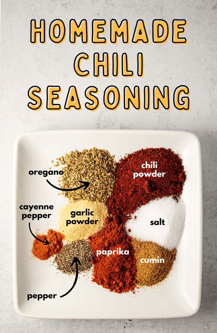 the ingredients for homemade chili seasoning on a plate