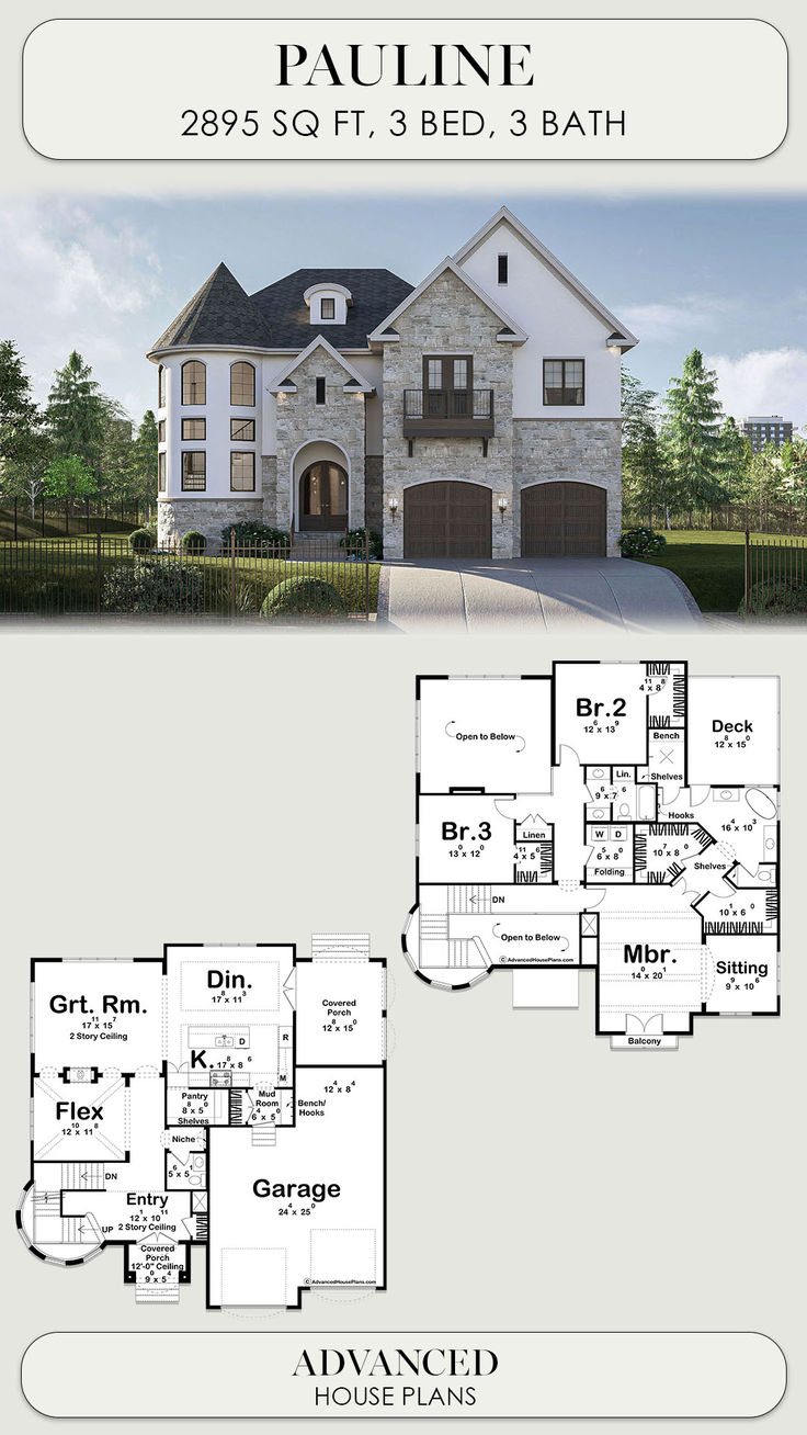 two story house plan with 3 car garages and 2 master suites in the front