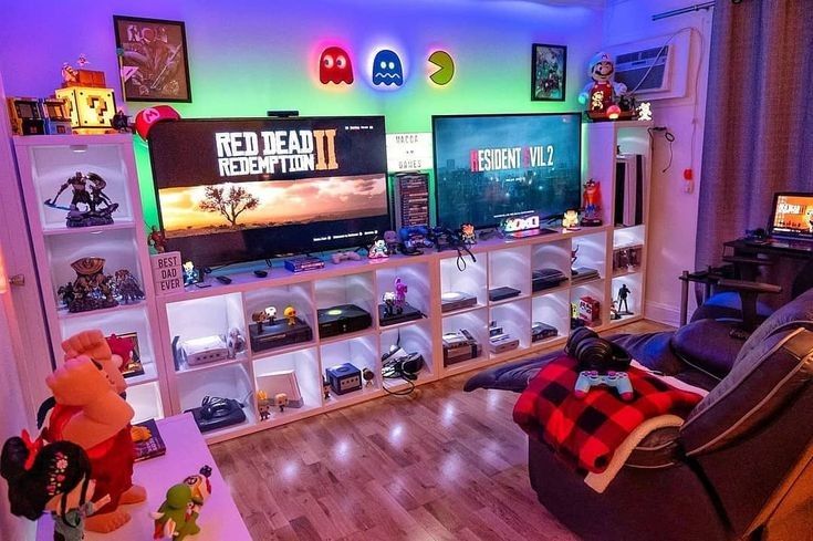 a living room filled with furniture and lots of toys on top of wooden flooring