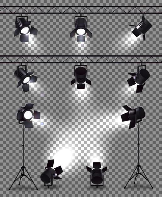 set of photography lighting equipment with spotlights on transparent background