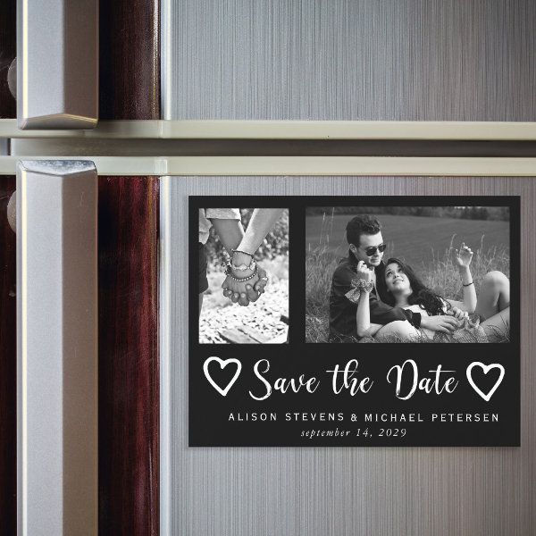 save the date magnets on a refrigerator with two photos and hearts attached to it