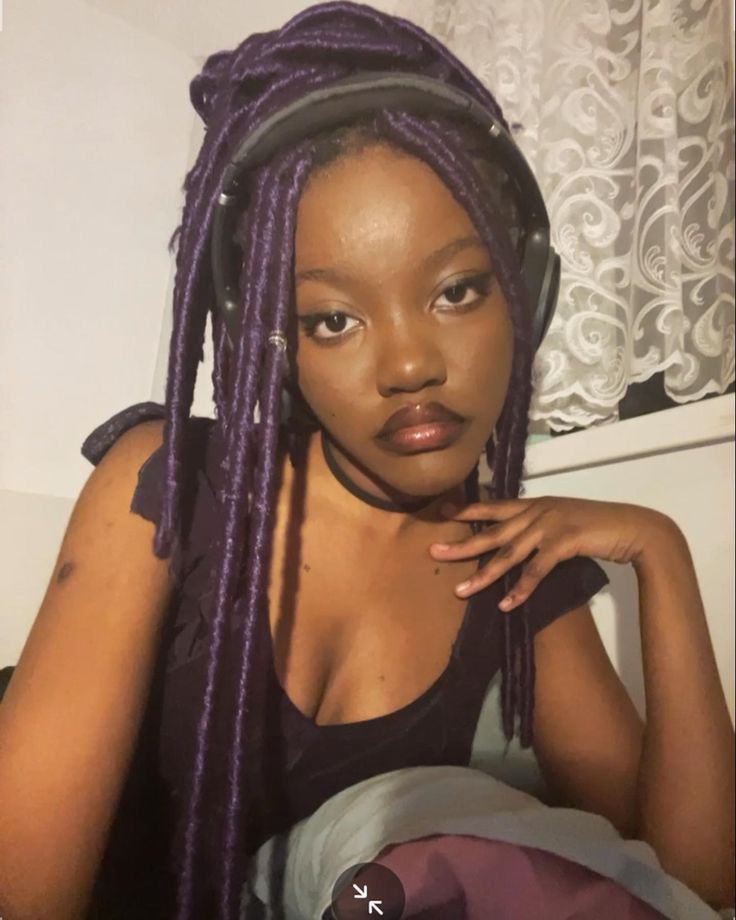 Purple Braids Aesthetic, Black And Purple Faux Locs, Black Woman With Purple Hair, Black Women With Purple Hair, Purple Gothic Makeup, Purple Locs Black Women, Purple Faux Locs, Purple Hair Black Women, Purple Locs