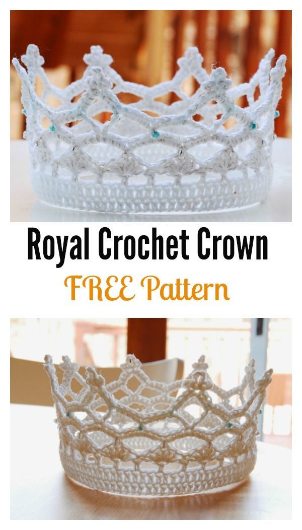 the royal crochet crown pattern is shown in three different colors and sizes, including white