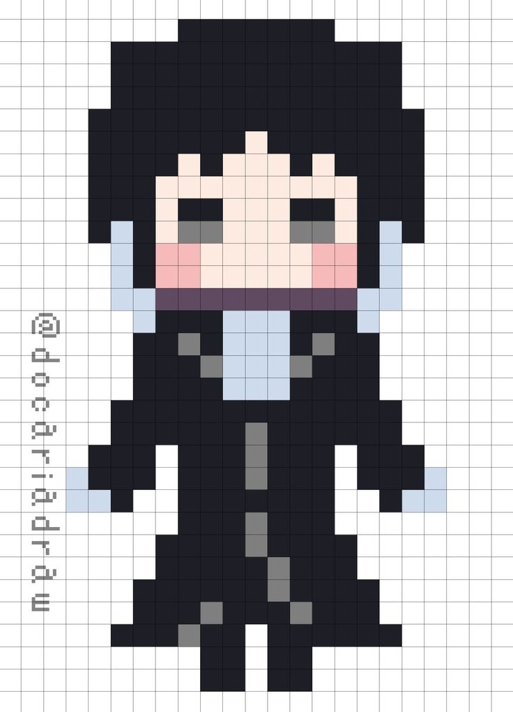 the pixel art is designed to look like an anime character with black hair and eyes