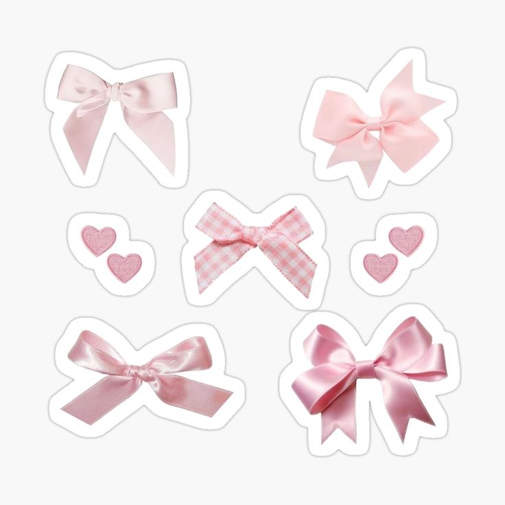 pink bows and hearts stickers on a white background, set of four different sizes