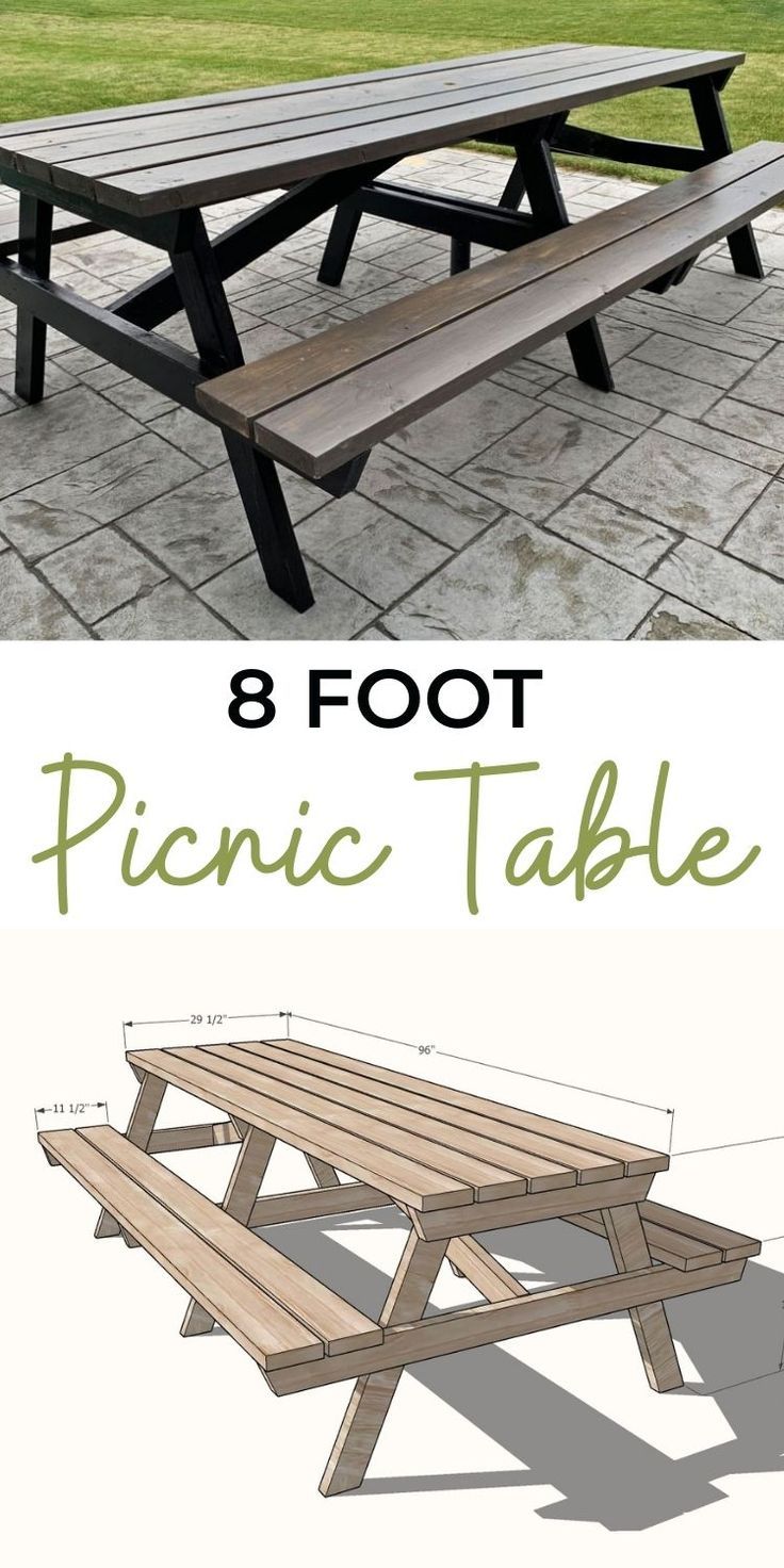 an outdoor picnic table is shown with the text 8 foot picnic table on top and below