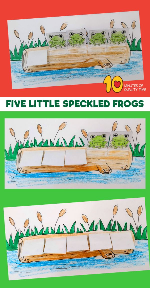 two pictures of froggies in a wooden log with the words five little speckled frogs