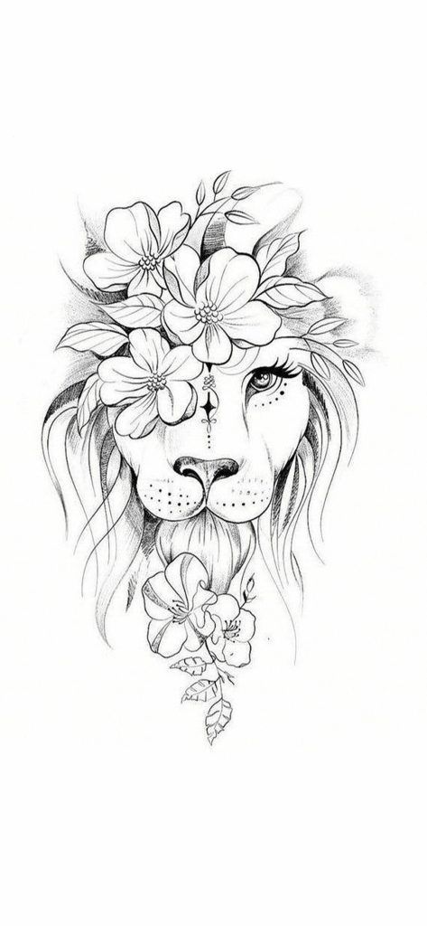 a drawing of a lion with flowers on its head