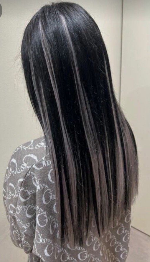 Silver Streak Hair, Jet Black Hair With White Streak, White Tips Hair, Long Black And Silver Hair, Black Hair One White Streak, Black Hair White Underneath, Black Hair With Gray Highlights, Sliver Streaks Black Hair, Black Hair Grey Highlights