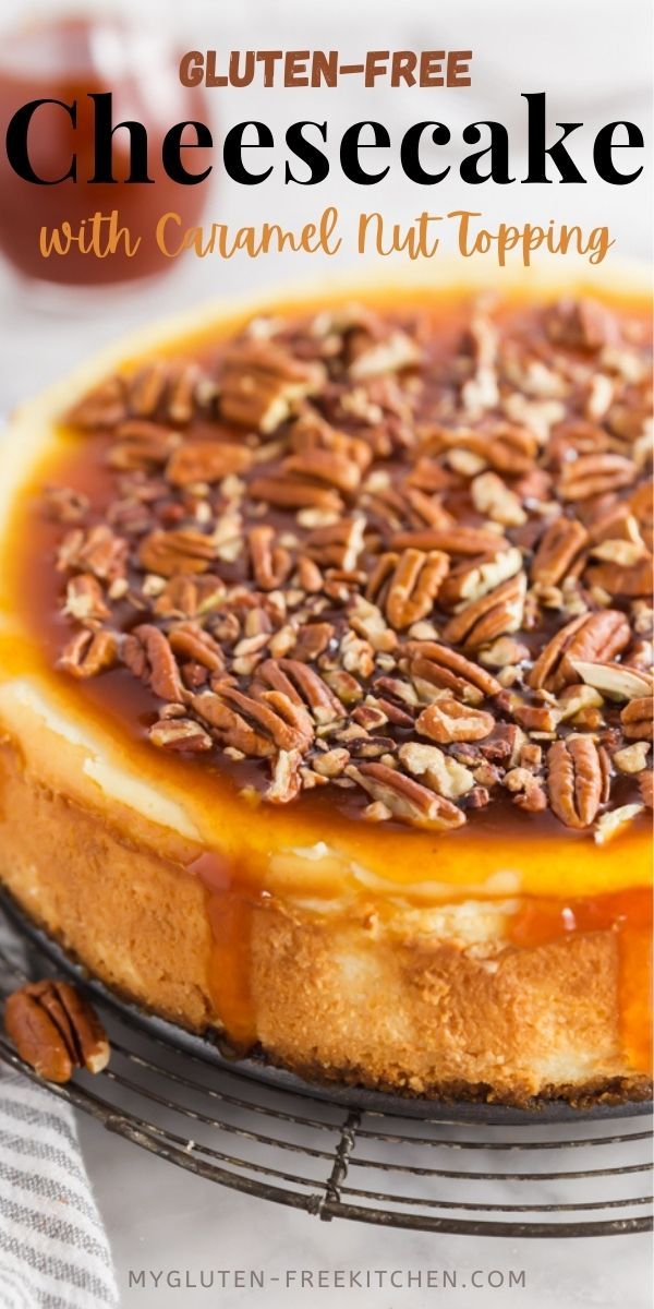 a cheesecake with caramel nut topping on top