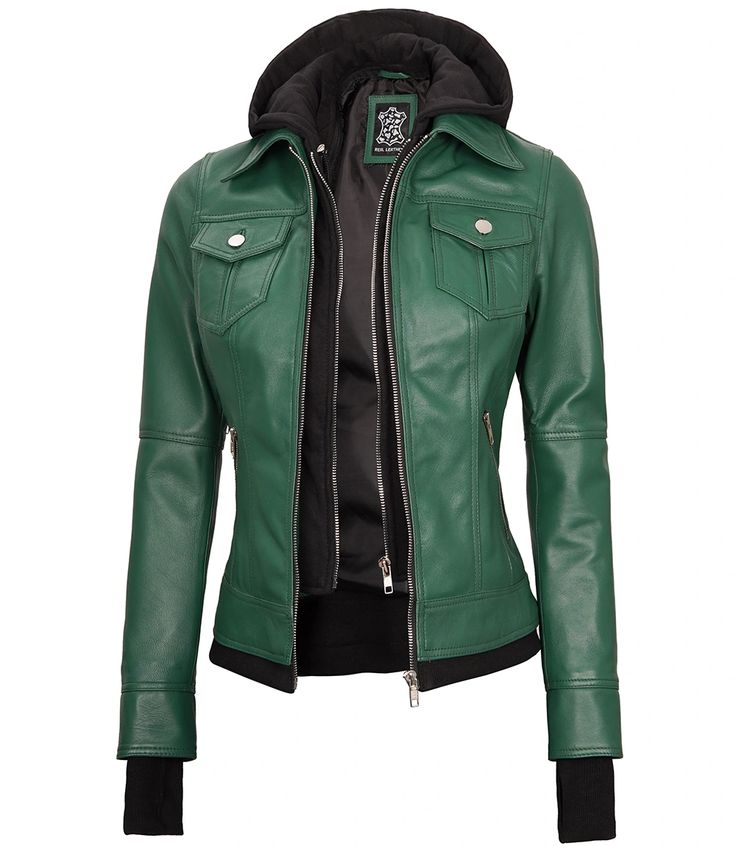 Women’s Green Leather Bomber Jacket
Revitalize your wardrobe with our Women's Green Fitted Bomber Leather Jacket. Tailored for a sleek fit, it exudes style and comfort. The removable hood adds versatility, allowing you to effortlessly transition from day to night. Elevate your fashion game with this chic and dynamic statement piece. Fitted Leather Hooded Jacket With Long Sleeves, Fitted Leather Outerwear With Double-lined Hood, Fitted Leather Jacket With Detachable Hood For Fall, Fitted Outerwear With Zipper Closure In Solid Color, Fitted Solid Outerwear With Zipper Closure, Fitted Leather Hooded Jacket For Fall, Winter Fitted Biker Jacket With Double-lined Hood, Fitted Hooded Leather Jacket For Cold Weather, Fitted Leather Biker Jacket With Detachable Hood