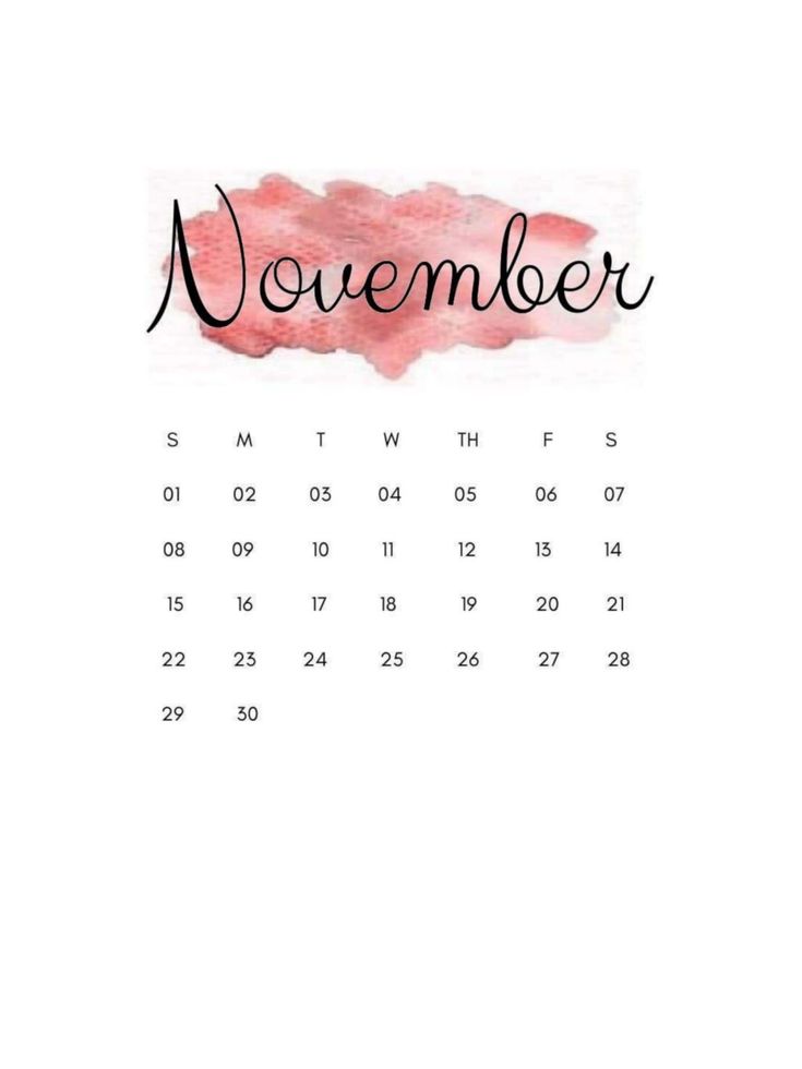 a calendar with the word november written in black and pink ink on it, against a white background