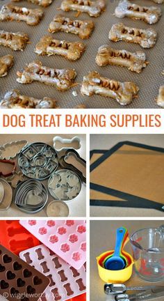 dog treat baking supplies, cookie cutters, and doughnut holes are featured in this collage