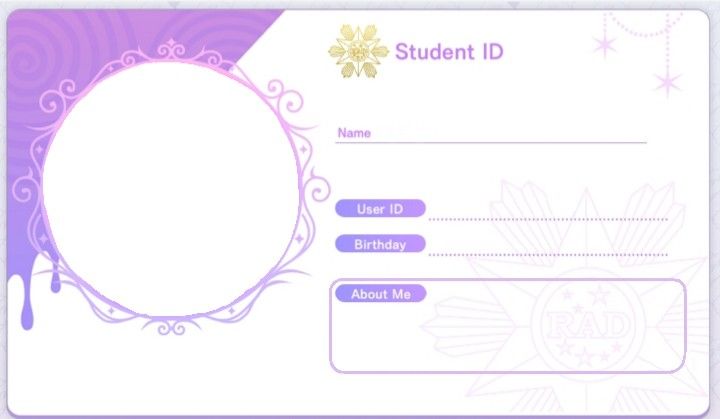 a purple and white student id card with an ornate design on the front, and a circular