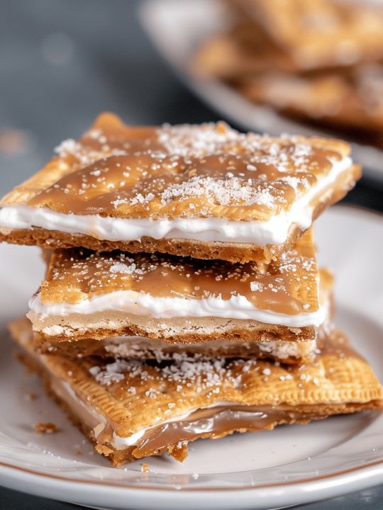 three waffles stacked on top of each other with icing and powdered sugar