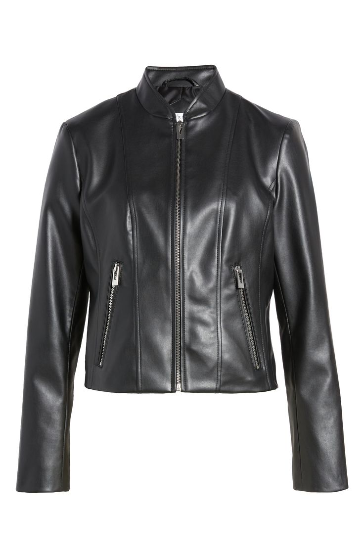 A fitted faux-leather jacket is fastened with gleaming zippers and infused with chic swagger. 21 1/2" length Front zip closure Stand collar Front zip pockets Lined 50% polyester, 50% viscose with polyurethane coating Spot clean Imported Faux Leather Jacket With Zipper For Night Out, Leather Biker Jacket With Zipper For Night Out, Sleek Leather Jacket With Zipper Closure, Faux Leather Outerwear With Zipper For Night Out, Chic Fitted Leather Jacket With Zipper Closure, Chic Fitted Leather Jacket With Zipper, Chic Winter Leather Jacket With Metal Zipper, Chic Faux Leather Jacket With Zipper, Fitted Leather Jacket With Metal Zipper For Spring